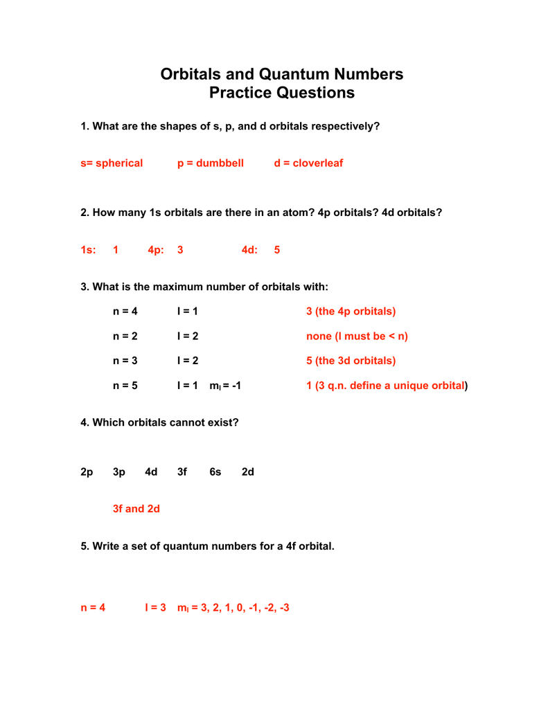 Orbitals and Quantum Numbers Practice Questions For Quantum Numbers Practice Worksheet