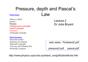 Pressure, depth and Pascal`s Law