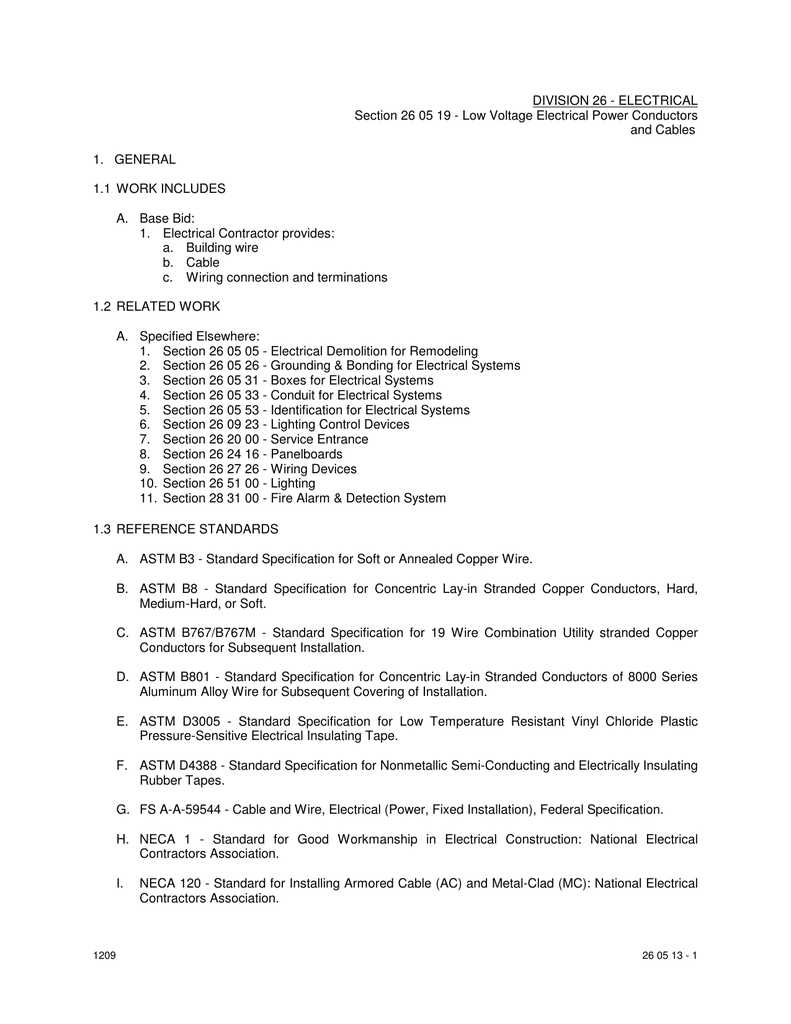 DIVISION 26 - ELECTRICAL Section 26 05 19