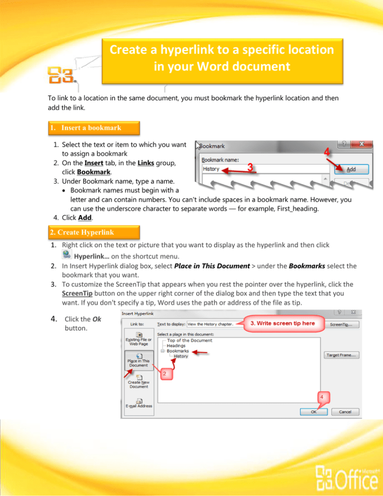 how to create a hyperlink in word within a document