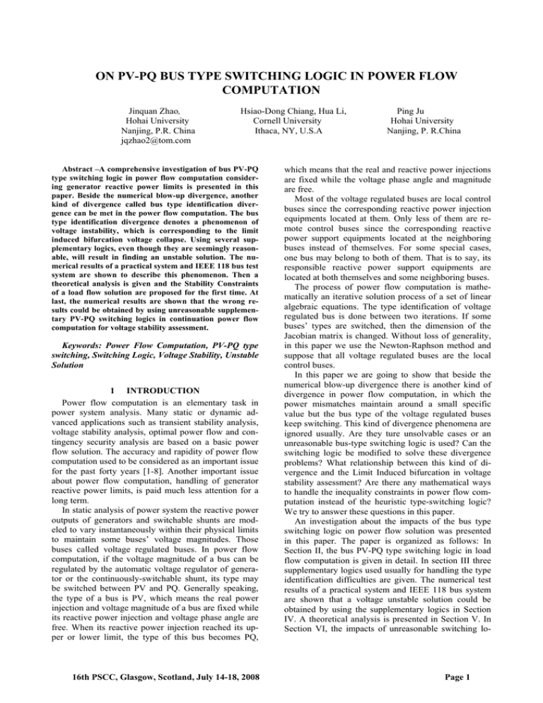 On Pvpq Bus Type Switching Logic In Power Flow Computation 