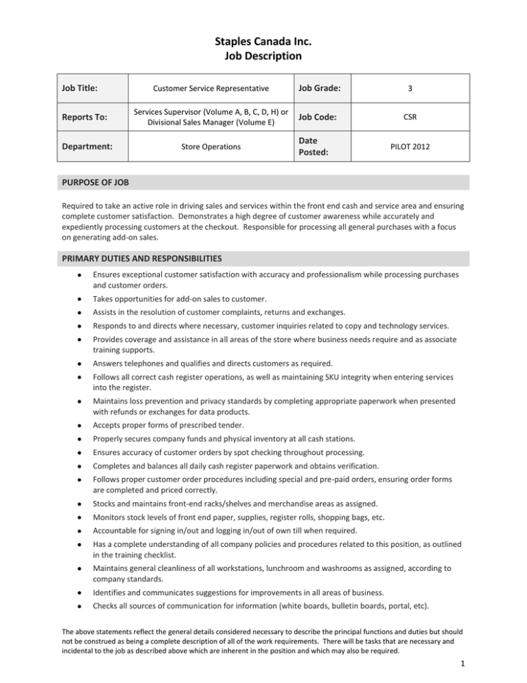 Customer Service Representative Job Description