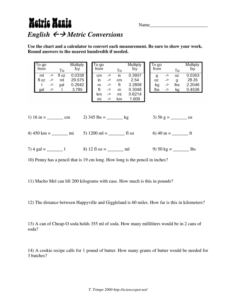 English ←→ Metric Conversions With Metric Mania Worksheet Answers