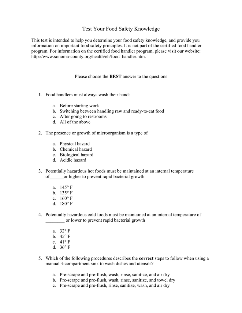 Food Safety Quiz County Of Sonoma