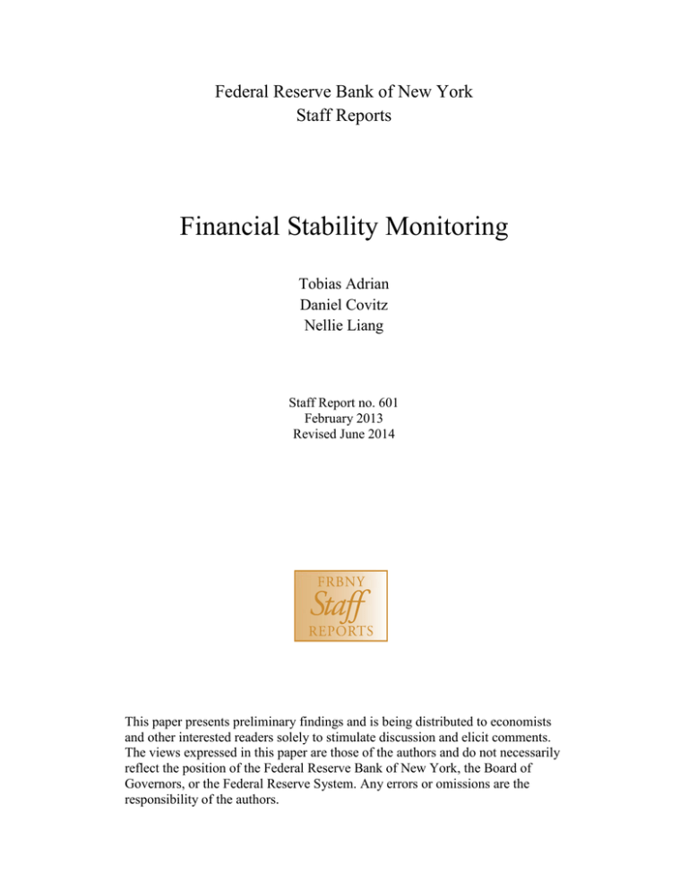 Financial Stability Monitoring - Federal Reserve Bank of New York