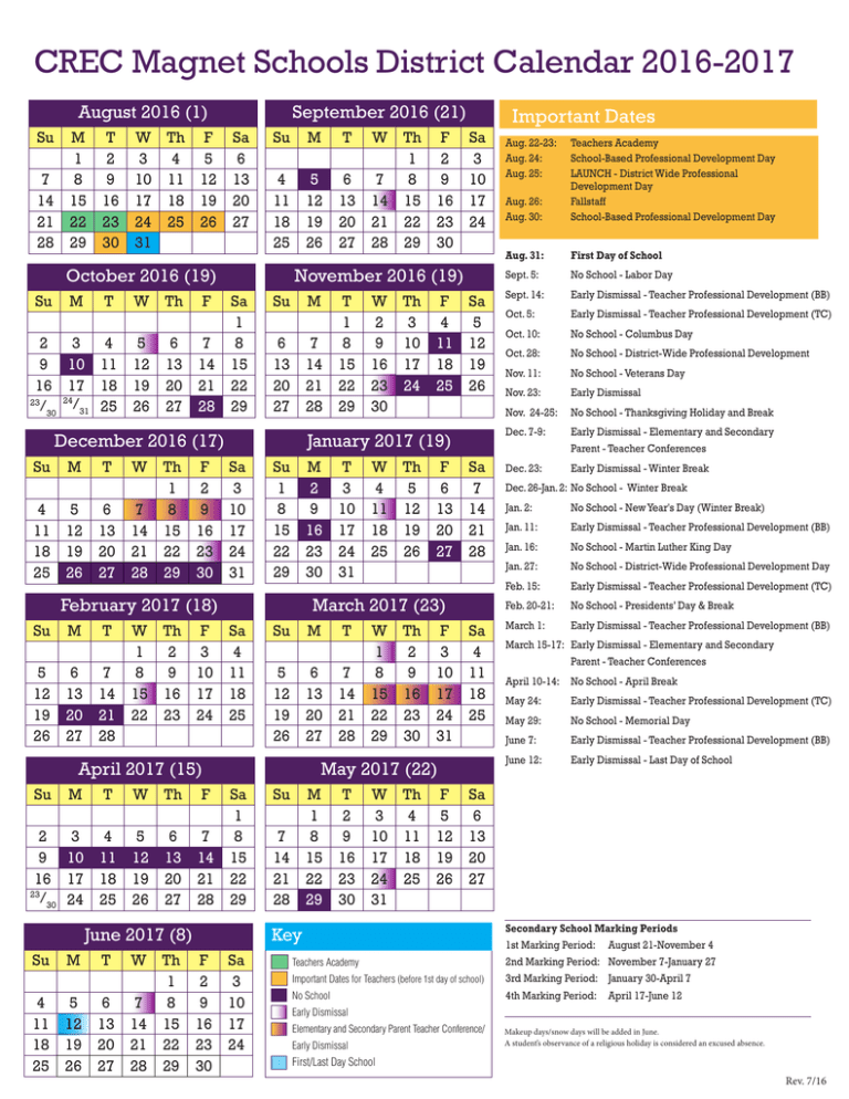 CREC Schools District Calendar 20162017