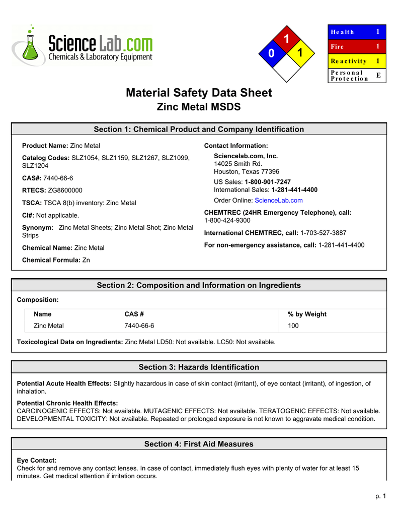 MSDS For Zinc Metal