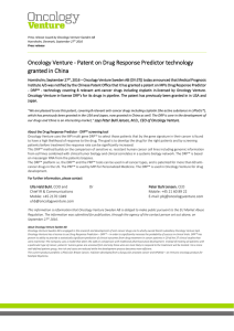 Oncology Venture - Patent on Drug Response Predictor technology