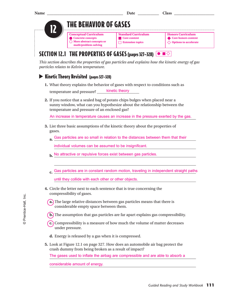 20 THE BEHAVIOR OF GASES Pertaining To Behavior Of Gases Worksheet