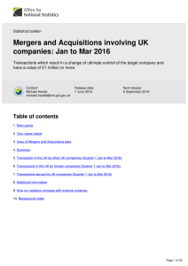 Mergers and Acquisitions involving UK companies: Jan to Mar 2016