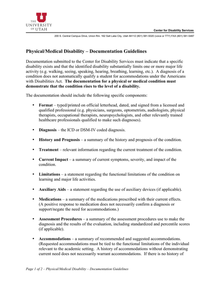 Physical Medical Disability Documentation Guidelines