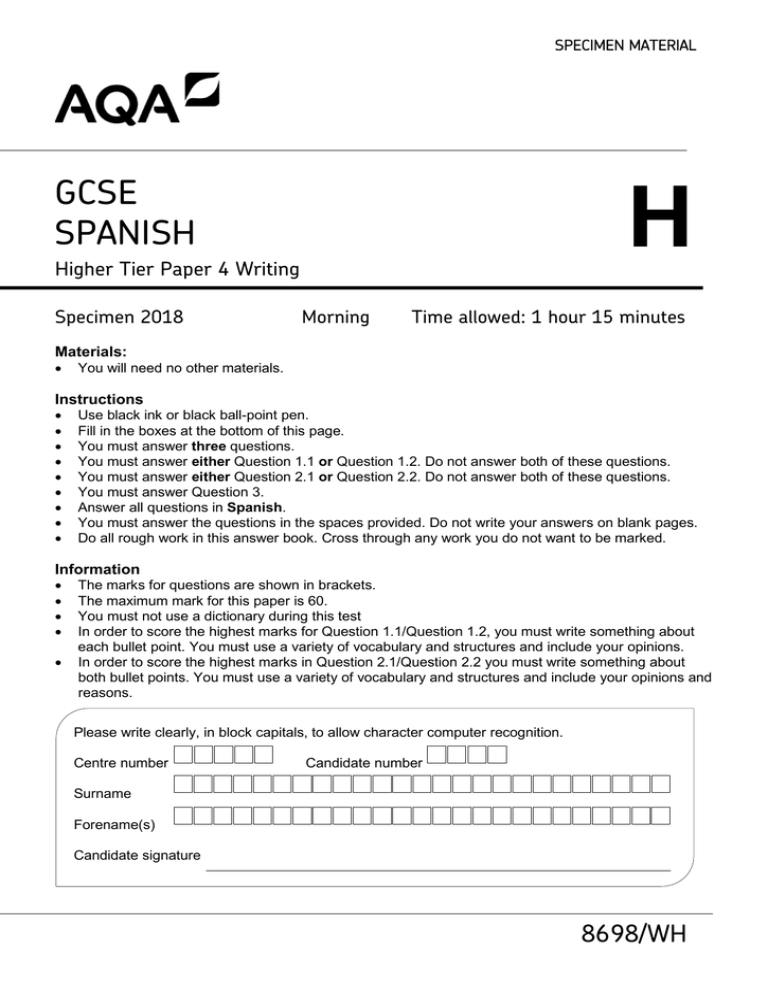 GCSE Spanish Specimen Question Paper Paper 4