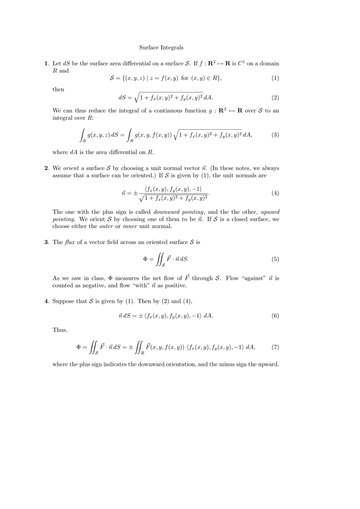 Surface Integrals 1 Let Ds Be The Surface Area Differential On A