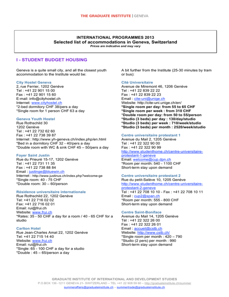 Selected List Of Accommodations In Geneva Switzerland I