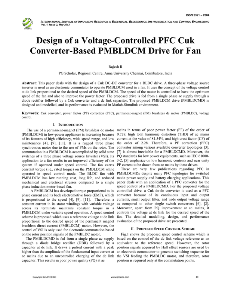 design of a voltage controlled PFC Cuk converter based PMBLDCM