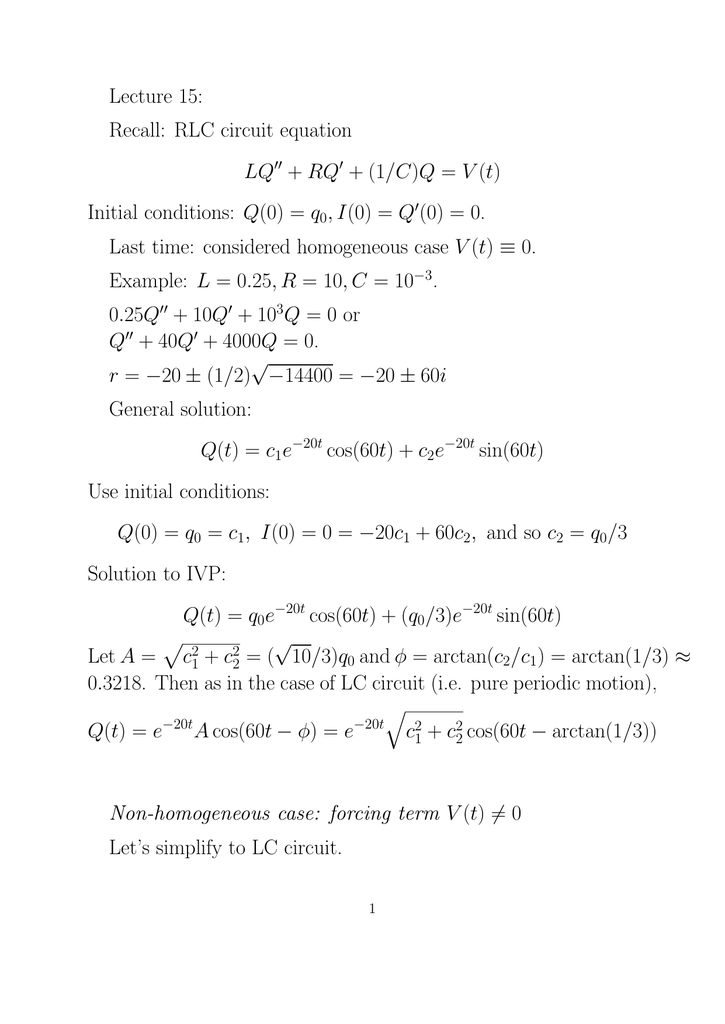 Lecture 15 Recall Rlc Circuit Equation Lq Rq 1 C Q V T