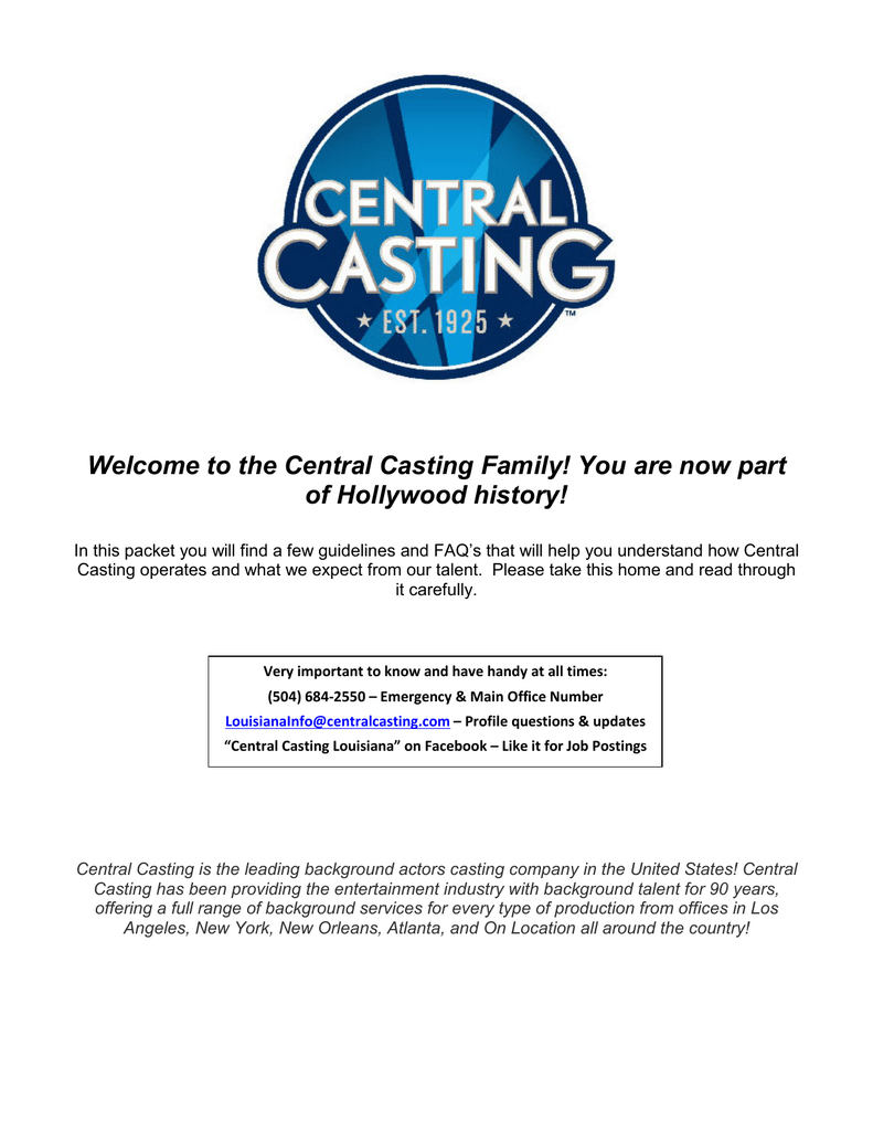 Welcome to the Central Casting Family! You are now part of