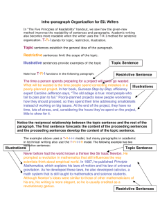 Intra-paragraph Organization for ESL Writers Topic Sentence