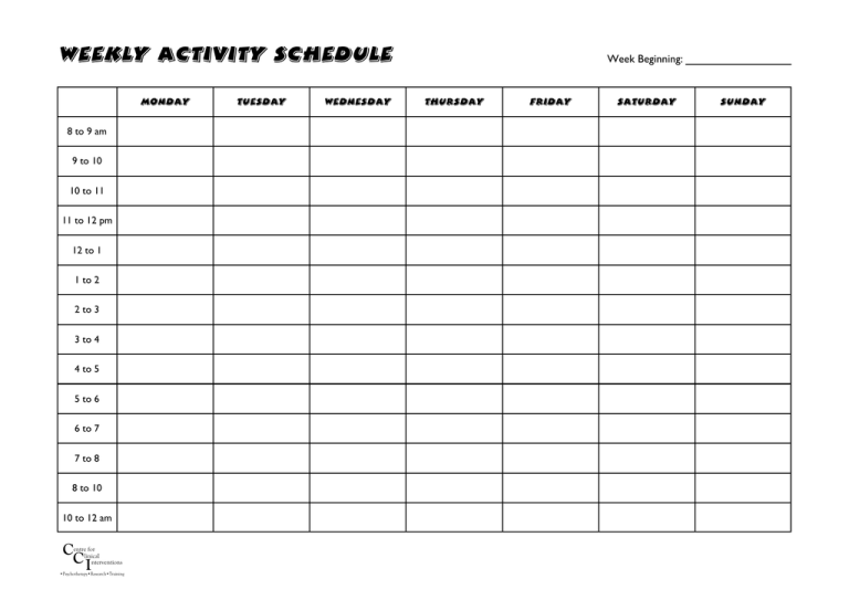 Weekly Activity Schedule Centre For Clinical Interventions