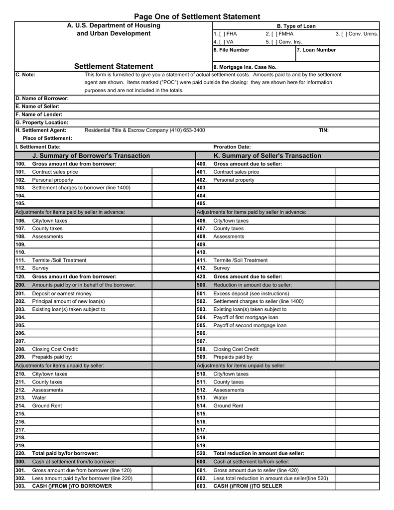 Settlement Statement Page One Of Settlement Statement