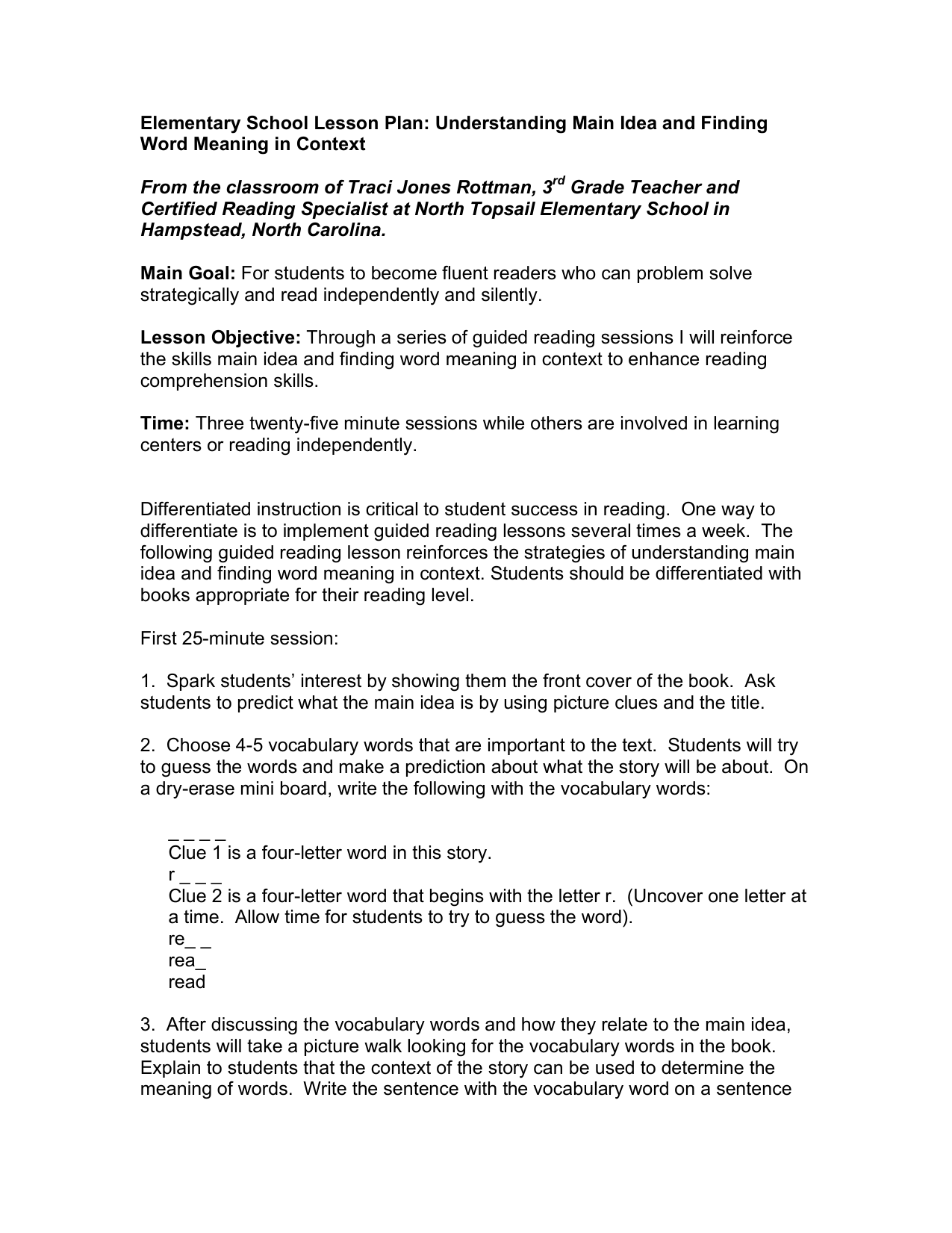 Elementary School Lesson Plan Understanding Main Idea And