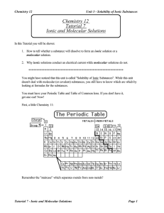 Chemistry 12 Tutorial 7 Ionic and Molecular Solutions