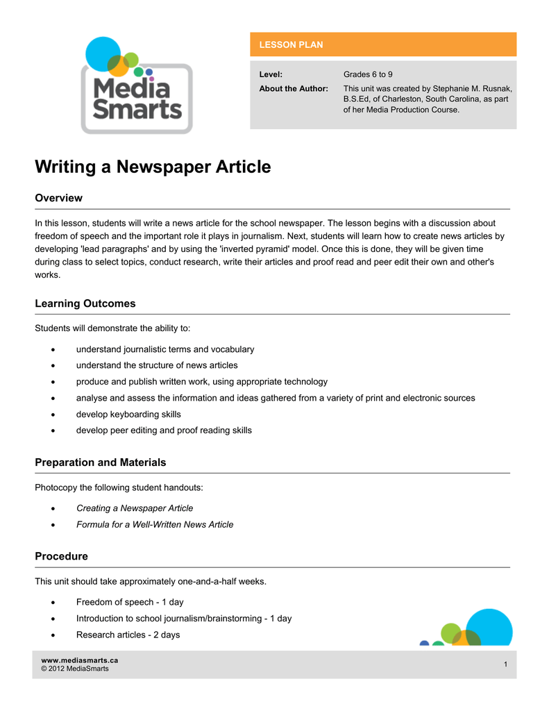 lesson plan writing newspaper article