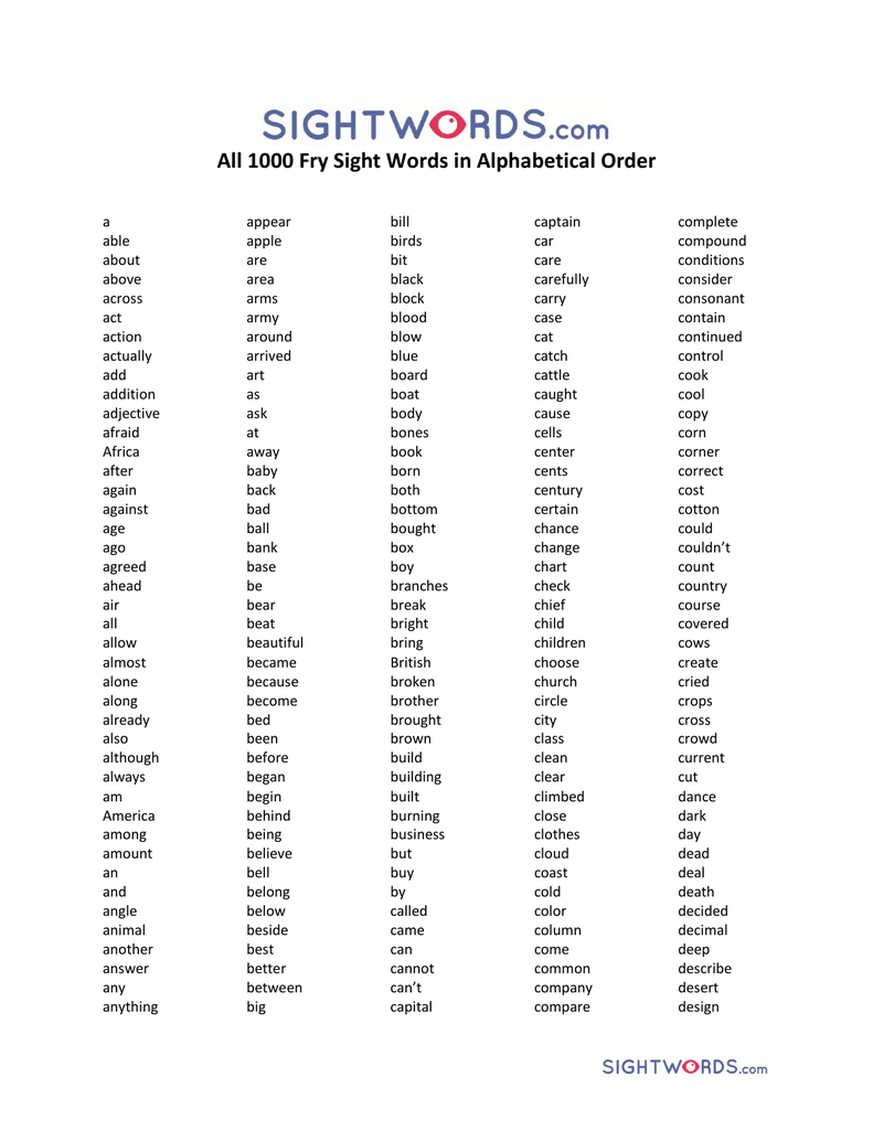 fry and dolch sight words