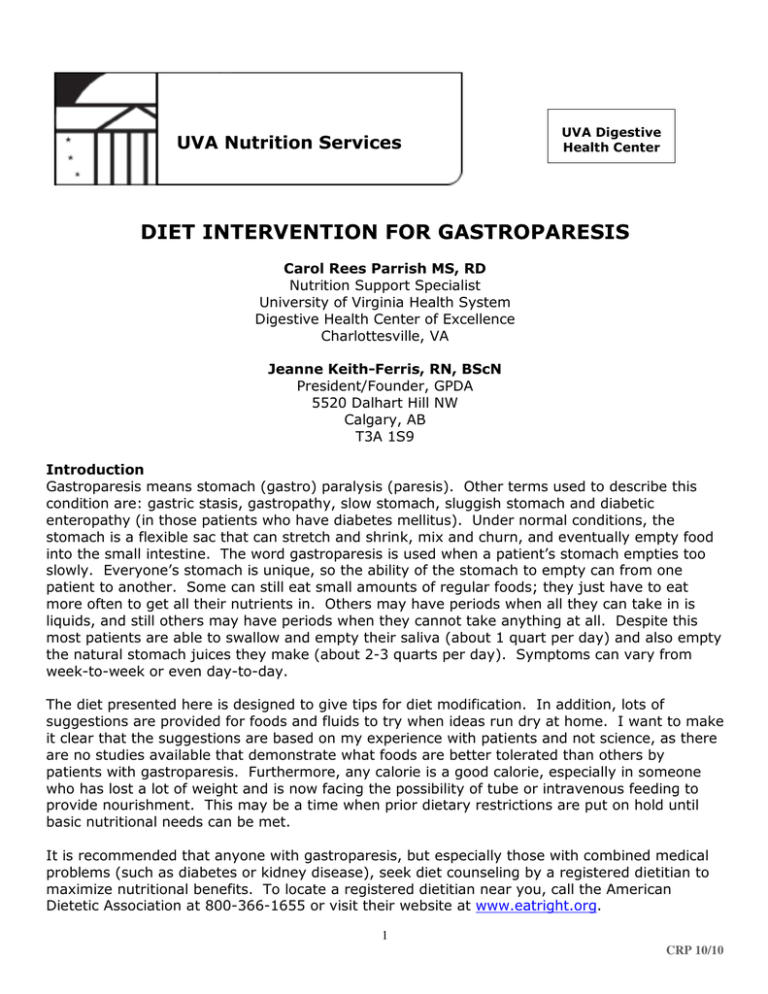 diabetic gastroparesis diet university of virginia)