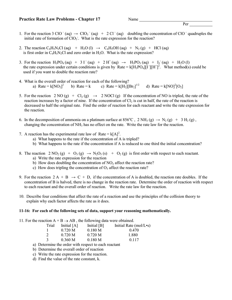 Practice Rate Law Problems Chapter 17