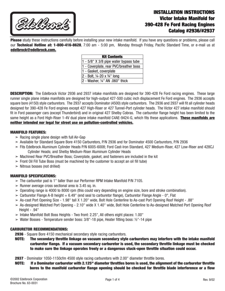Edelbrock 2936 Intake Manifold Installation Instructions
