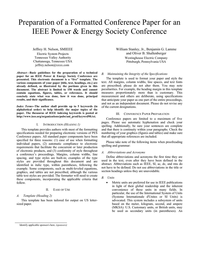 Sample Conference Paper - IEEE Power and Energy Society Within Template For Ieee Paper Format In Word