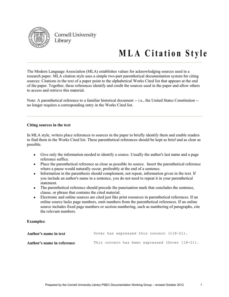 Mla Citation Style Cornell University Library