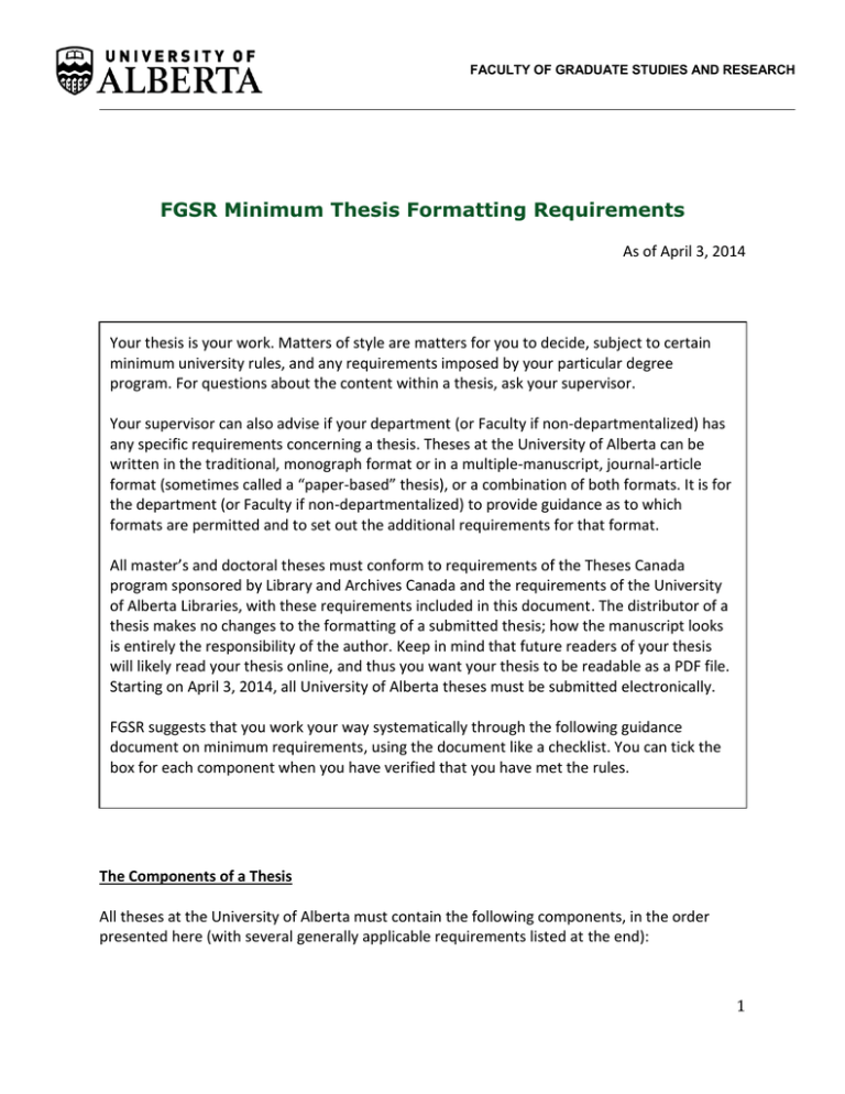 fgsr minimum thesis formatting requirements