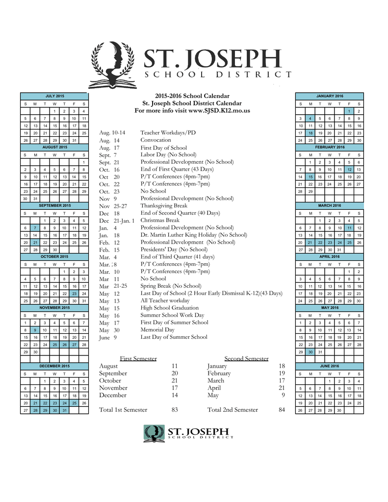 SJSD 20152016 Calendar St. Joseph School District