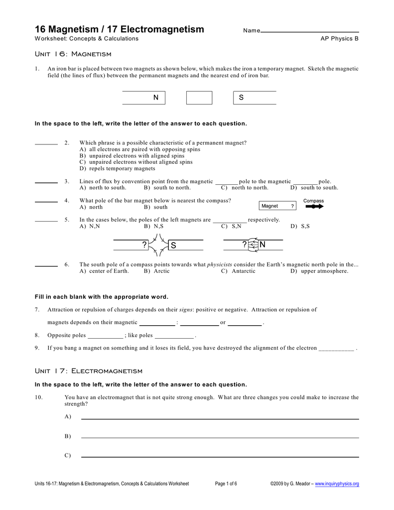 intro to magnetism worksheet answers