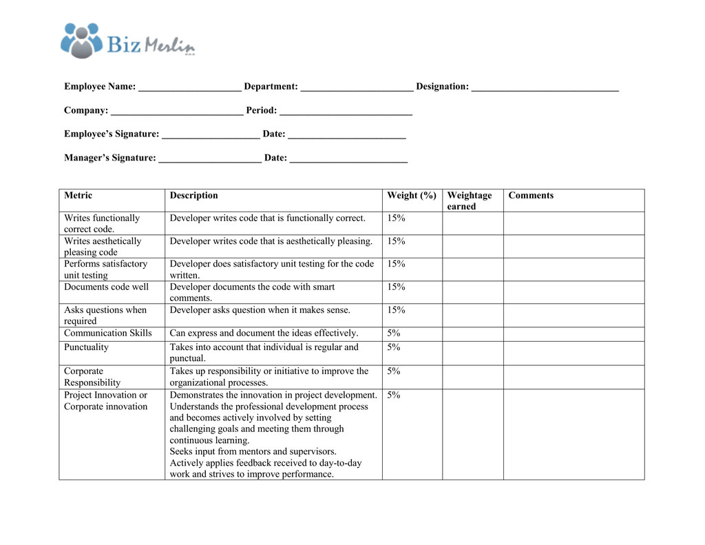 Software Developer Appraisal Template