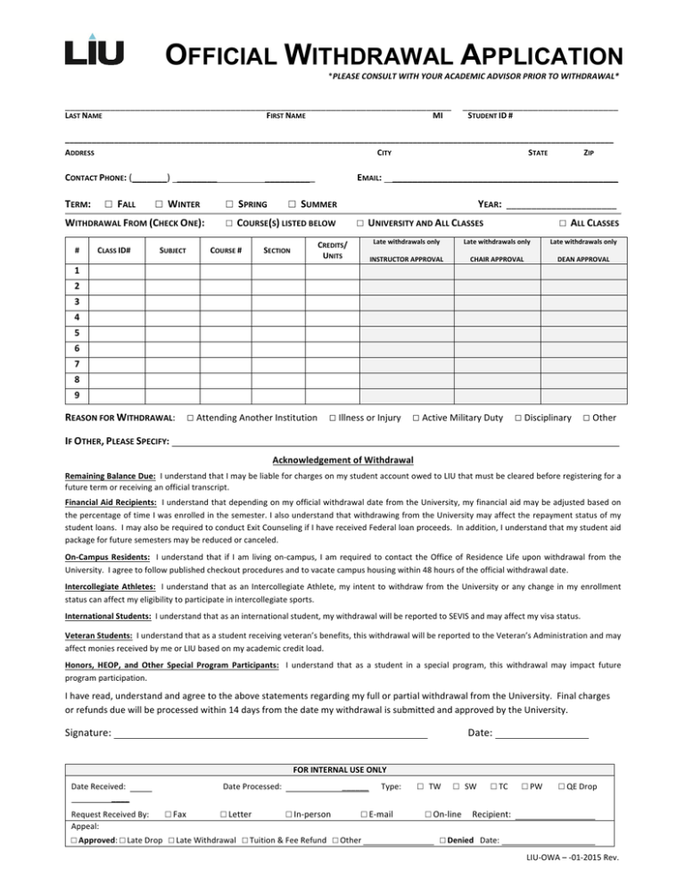 OFFICIAL WITHDRAWAL APPLICATION