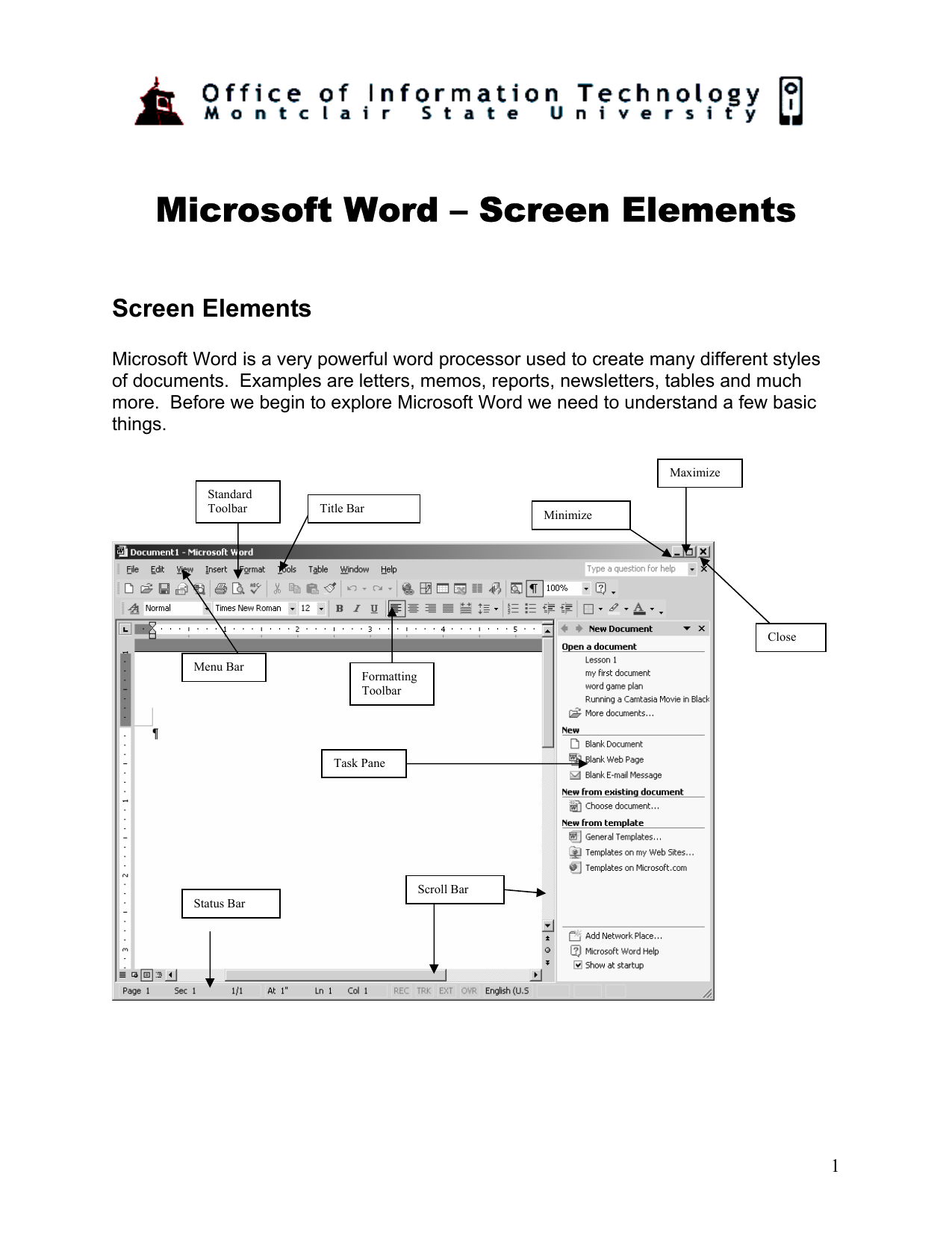 parts of ms word screen