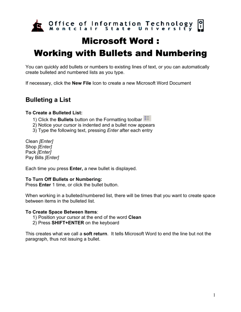 Microsoft Word Working With Bullets And Numbering