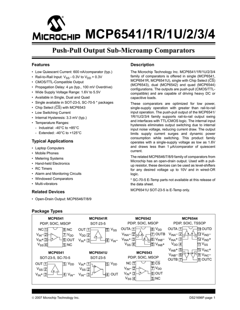 MICROCHIP TECHNOLOGY MCP6542-E/MS MCP6541 Series 5.5 V 1 pA Push-Pull Output Sub-Microamp Comparator-MSOP-8-25 item s 