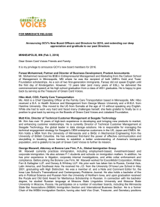 FOR IMMEDIATE RELEASE Announcing GCV`s New Board Officers
