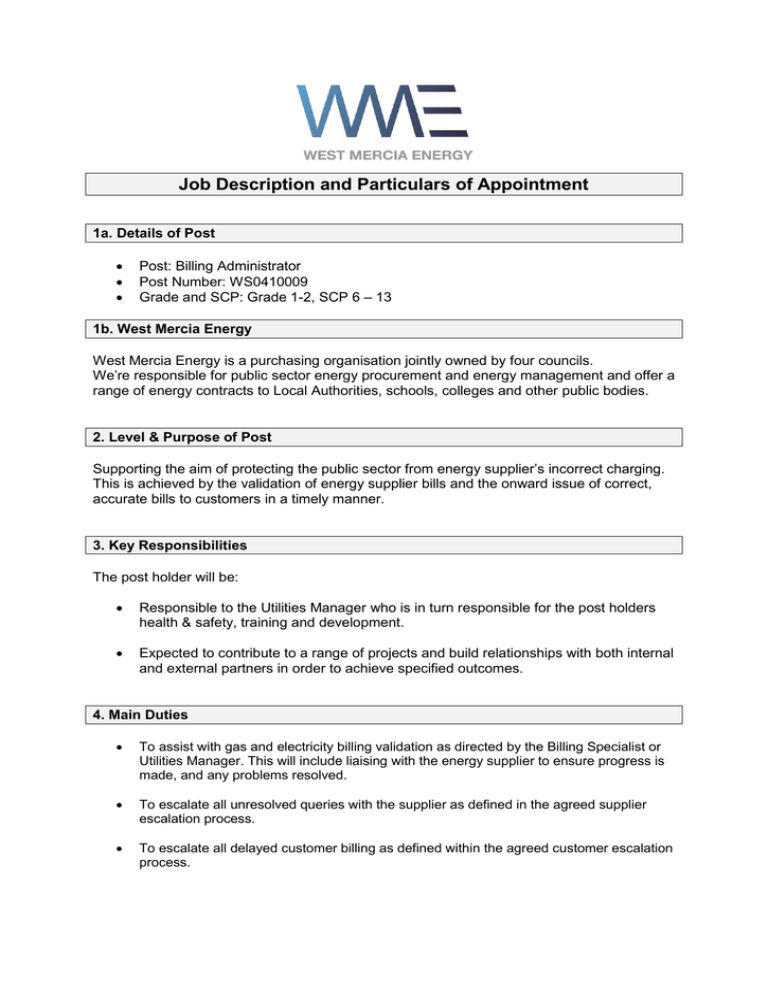 Job Description and Particulars of Appointment