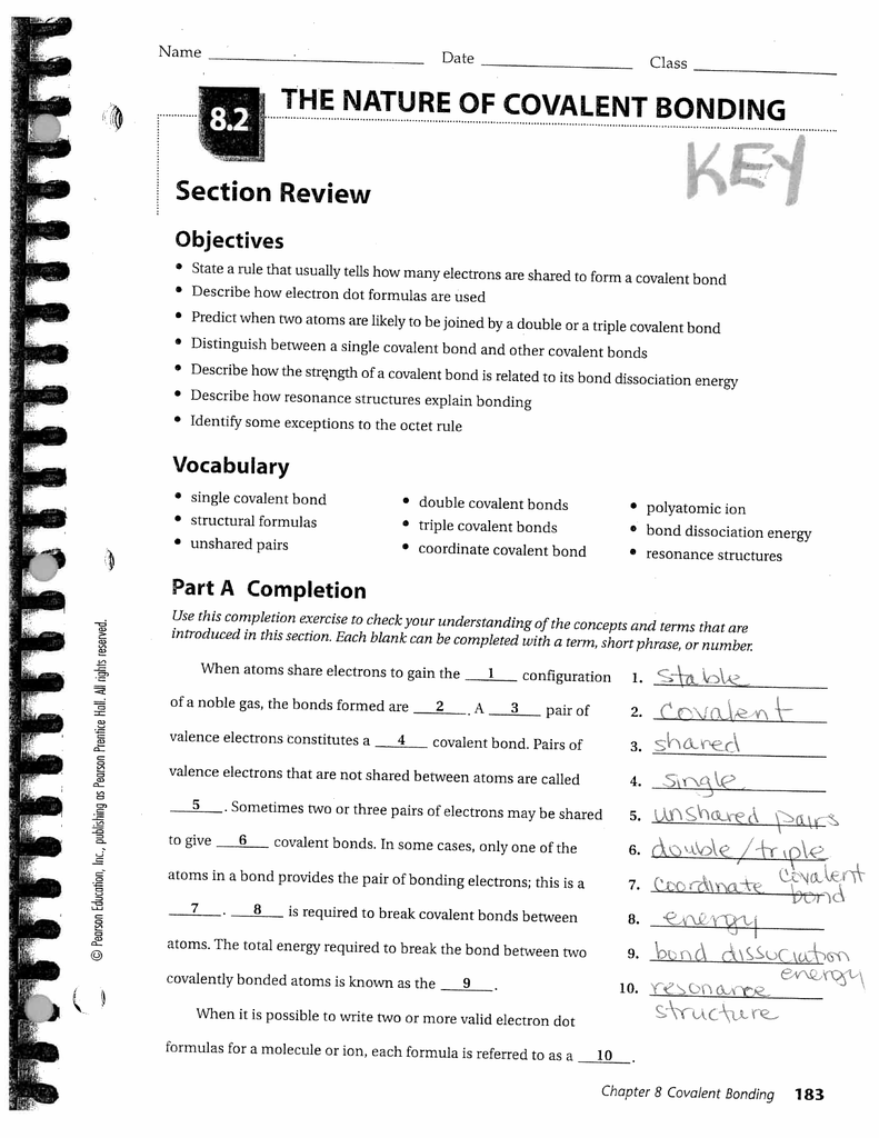 Section Review THE NATURE OFCOVALENT BONDING Pertaining To Covalent Bonding Worksheet Answers