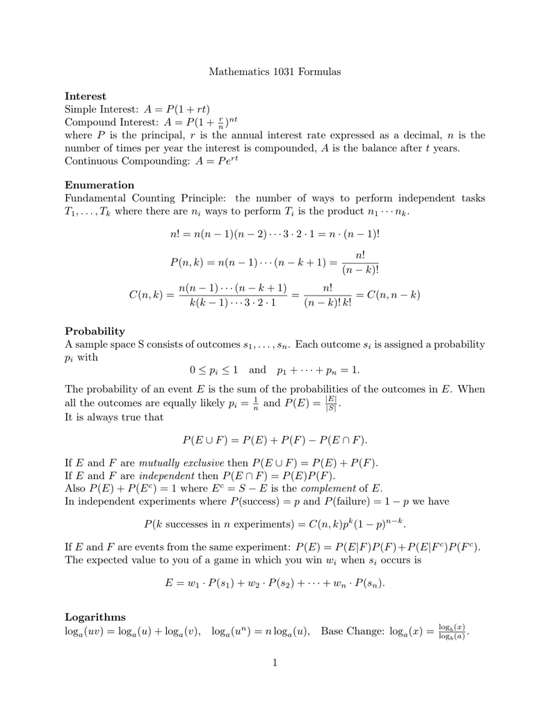 Mathematics 1031 Formulas Interest Simple Interest A P 1 Rt