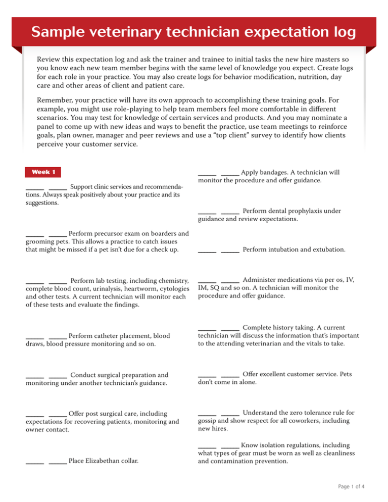 Sample veterinary technician expectation log