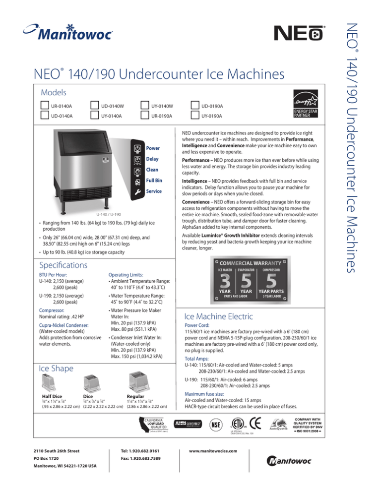 NEO® 140/190 Undercounter Ice Machines NEO