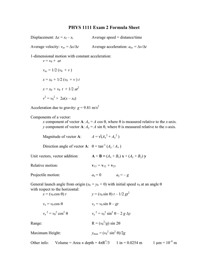 Phys 1111 Exam 2 Formula Sheet