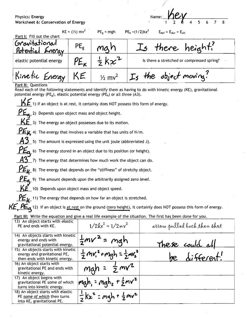 Conservation of Energy WS KEY Pertaining To Introduction To Energy Worksheet