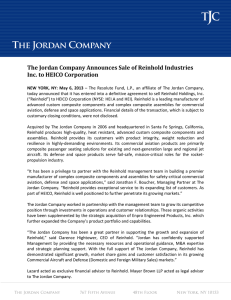 The Jordan Company Announces Sale of Reinhold Industries Inc. to